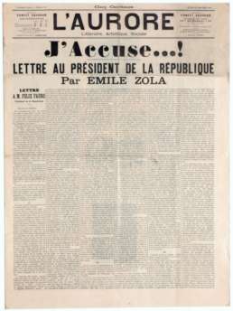 Jaccuse... page de couverture du journal lAurore publiant la lettre dEmile Zola au Président de la République M. Félix Faure à propos de lAffaire Dreyfus
